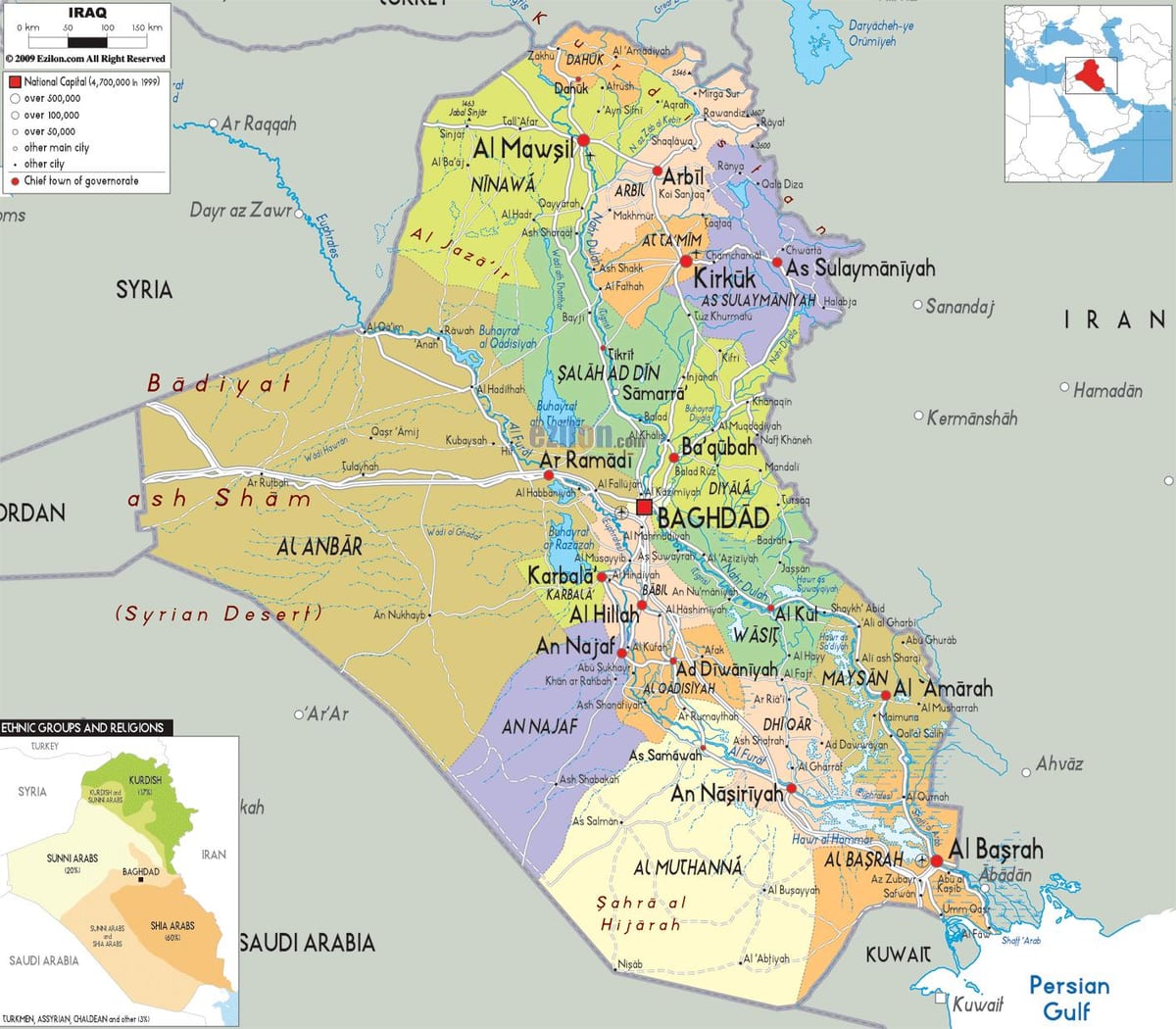 Քաղաքների Իրաքի քարտեզի վրա